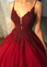 Burgundy V-neck Spaghetti Strap Ball Gown Prom Dress